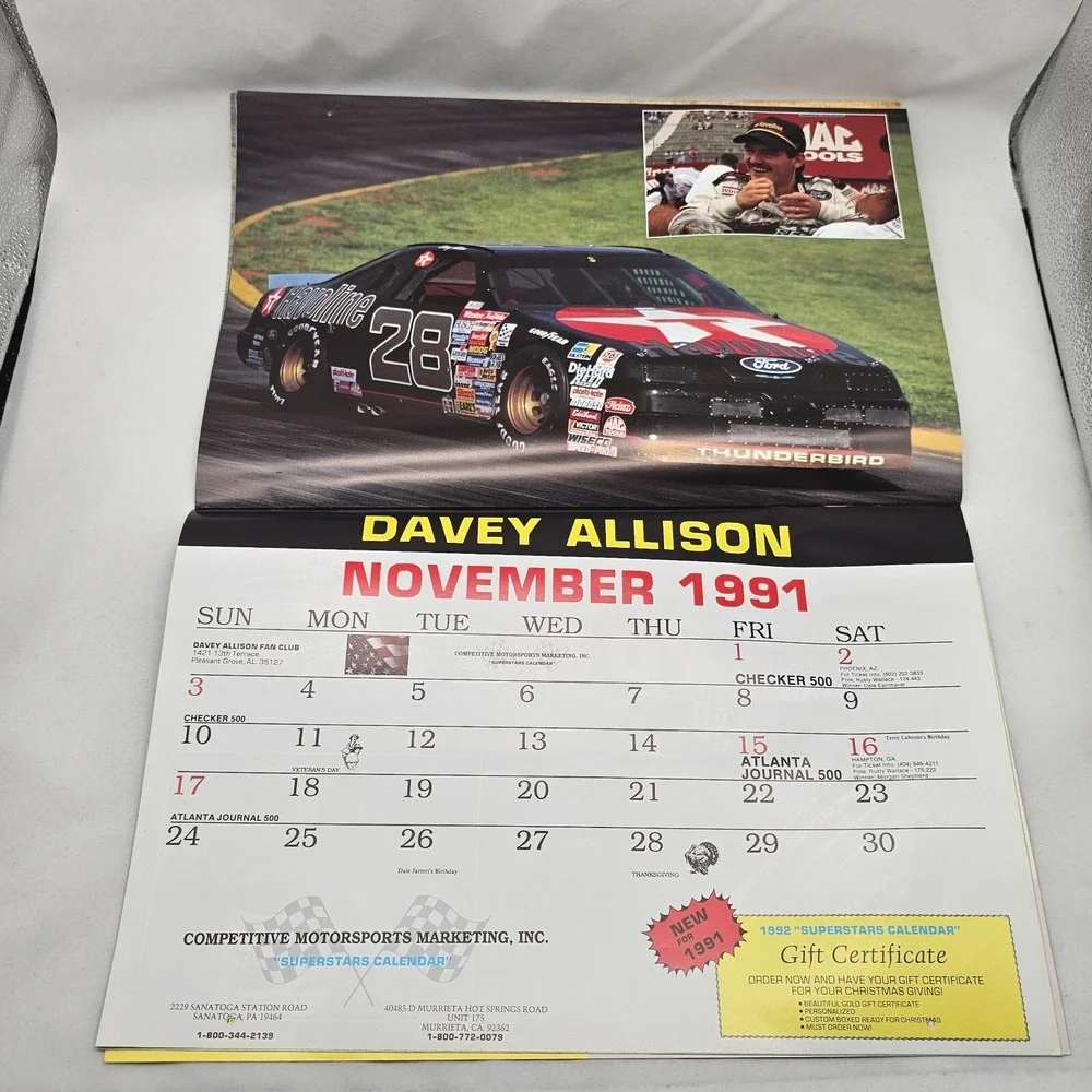 1991 Stock Car Racing Calendar Wallace Irvan Petty Bondine Marlin Allison Jarret